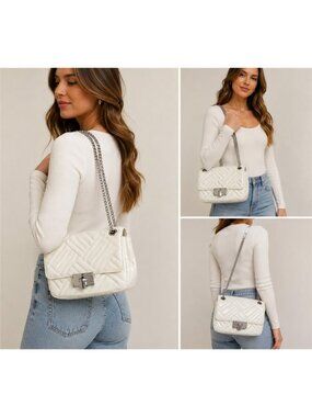 Michael Kors White Patent Leather Quilted Chain Shoulder Flap Bag Silver Tone